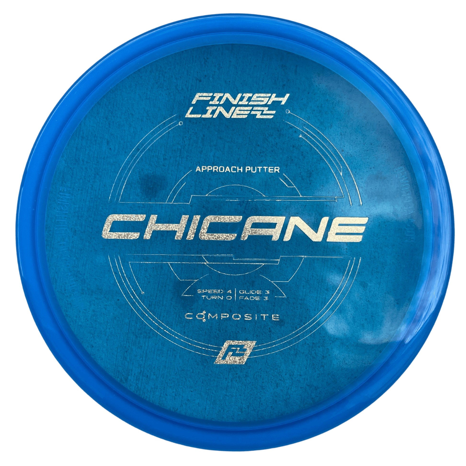 Finish Line Chicane Putt & Approach disc golf disc featuring a clean brand stamp on Composite Blue plastic